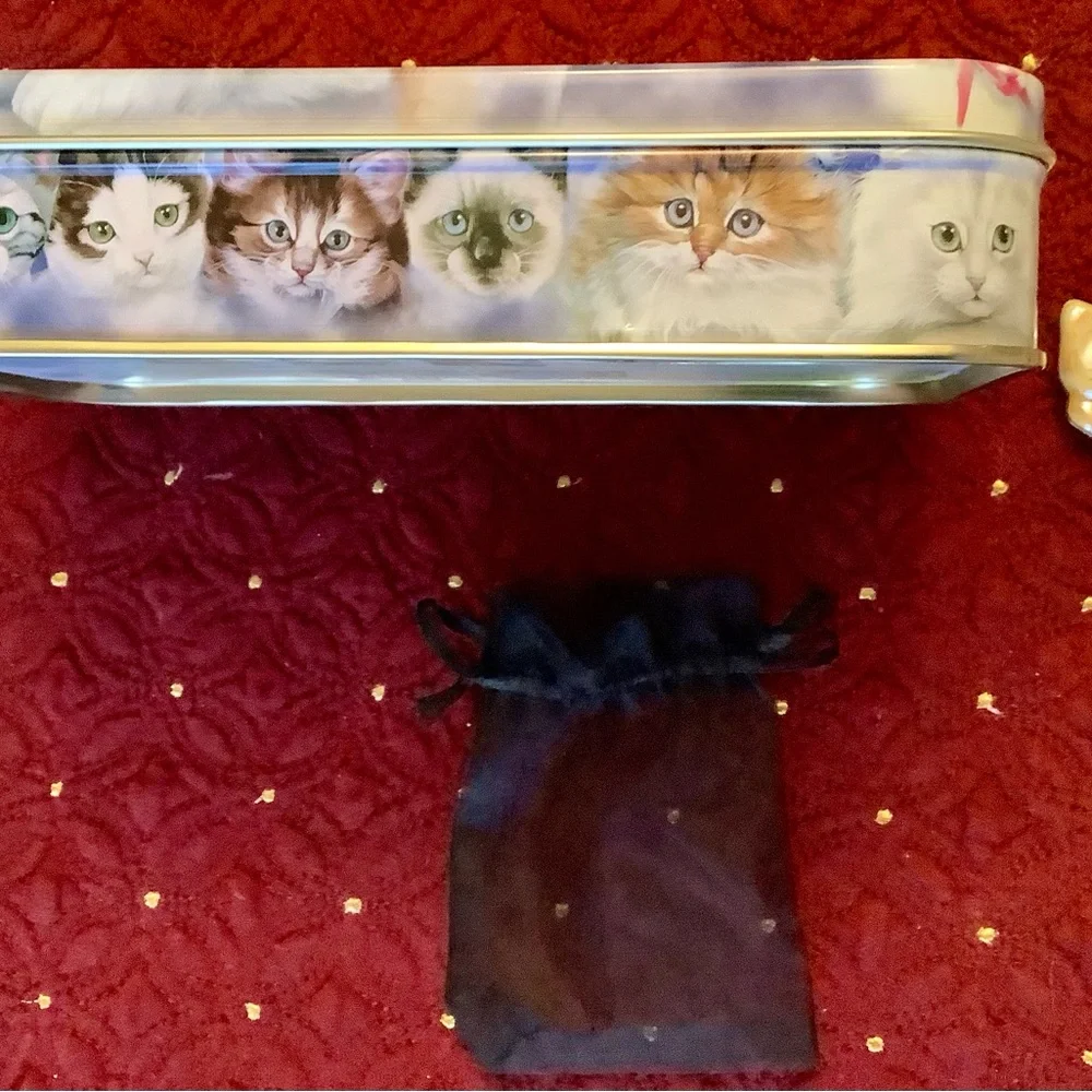 Cat lovers tin, and opal ceramic cat pin with gift bag.